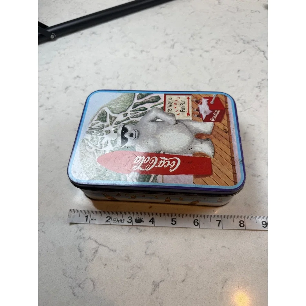 Vintage 1996 Coca-Cola Polar Bear Skiing Surfboard Metal Tin Storage Box‎ 8x6x2